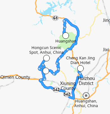 carte du voyage Huangshan, Yixian et Shexian