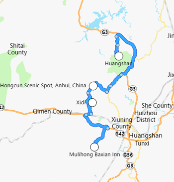 carte du voyage Huangshan, Yixian et village Mulihong