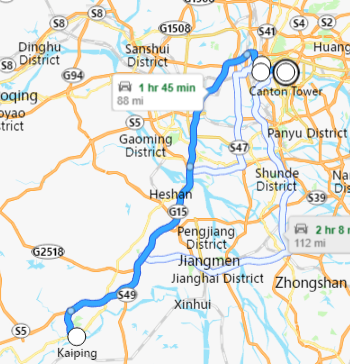 carte du voyage Guangzhou, Kaiping