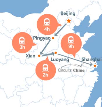 carte du voyage Pékin, Luoyang, Xian et Shanghai