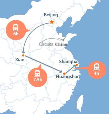 carte du voyage Pékin, Xian, Huangshan et Shanghai