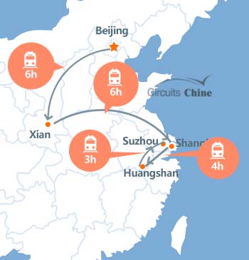 carte du voyage Pékin, Xian, Huangshan, Shanghai et Suzhou