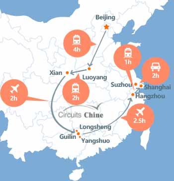 carte du voyage Pékin, Luoyang, Xian, Guilin, Yangshuo, Longsheng, Hangzhou, Suzhou et Shanghai