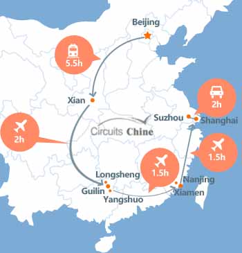 carte du voyage Pékin,  Xian, Guilin, Yangshuo, Longsheng，Xiamen et Shanghai