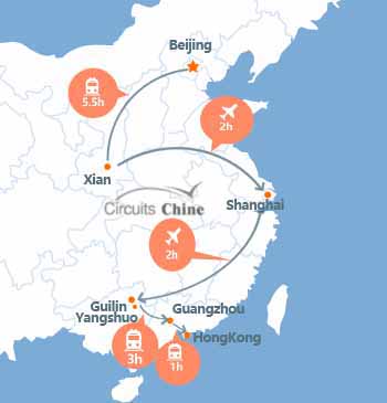 carte du voyage pékin, Xian, Shanghai, Guilin, Guangzhou et Hong Kong