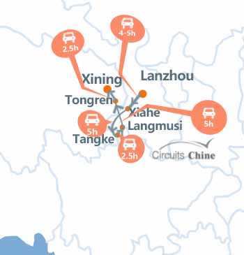 carte du voyage du sud du Gansu et Qinghai