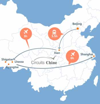 carte du voyage pékin, Xian, Tibet et Shanghai