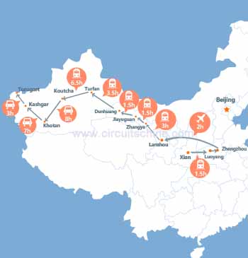 carte du voyage Voyage Xian - Luoyang - Lanzhou - Zhangye - Jiayuguan - Dunhuang-Turpan -Koutcha -Khotan -Kashgar