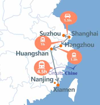 carte du voyage Shanghai, Suzhou, Huangshan, Hangzhou et Xiamen