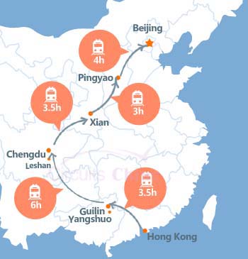 carte du voyage Hong Kong, Guilin, Chengdu, Xian, Pingyao et Pékin