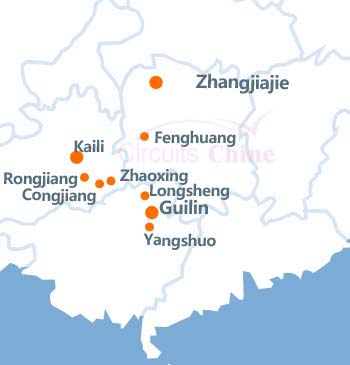 carte Guangxi，Guizhou et Zhangjiajie