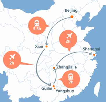 carte du voyage pékin, Xian, Guilin, Zhangjiajie et Shanghai