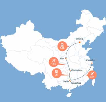 carte du voyage pékin, Xian, Guilin, Zhangjiajie et Shanghai 2